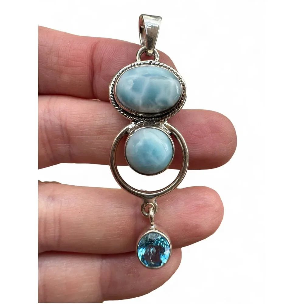 Caribbean Larimar & Blue Topaz Solid 925 Sterling Silver Pendant